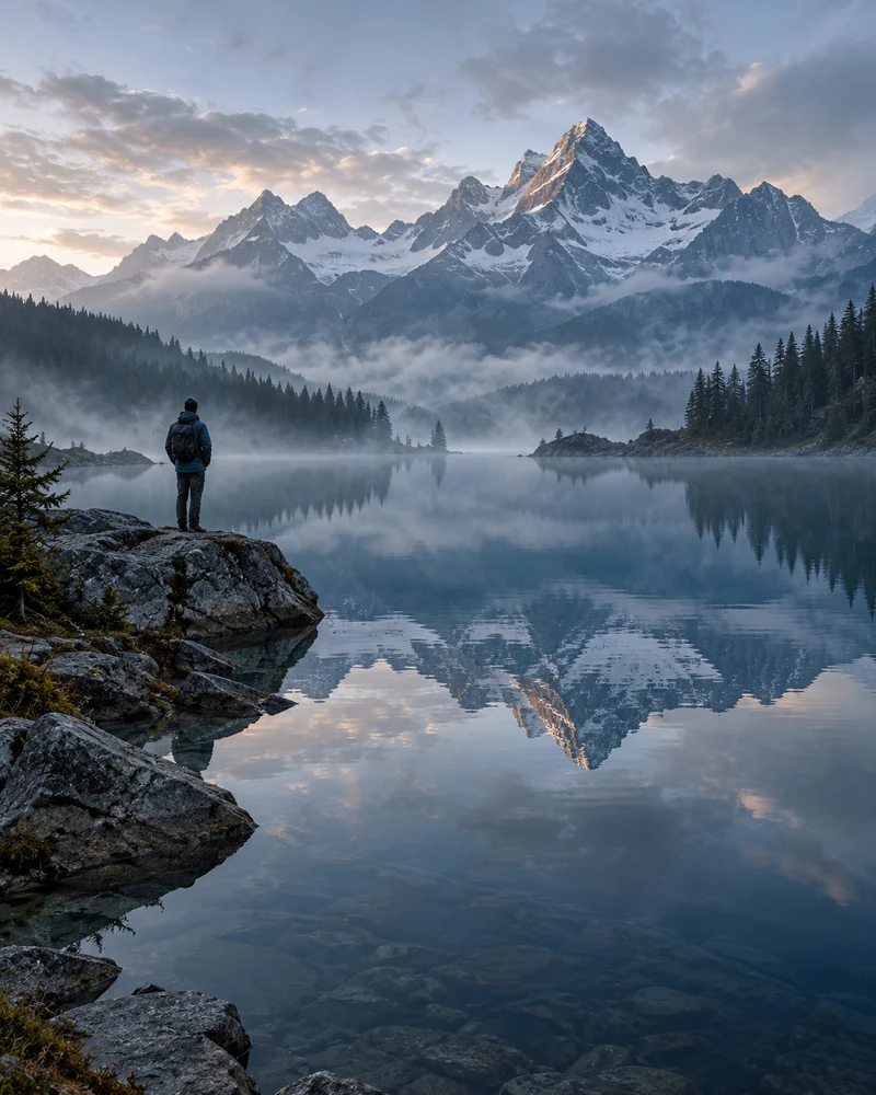Lago entre montanhas refletindo a paisagem ao amanhecer
