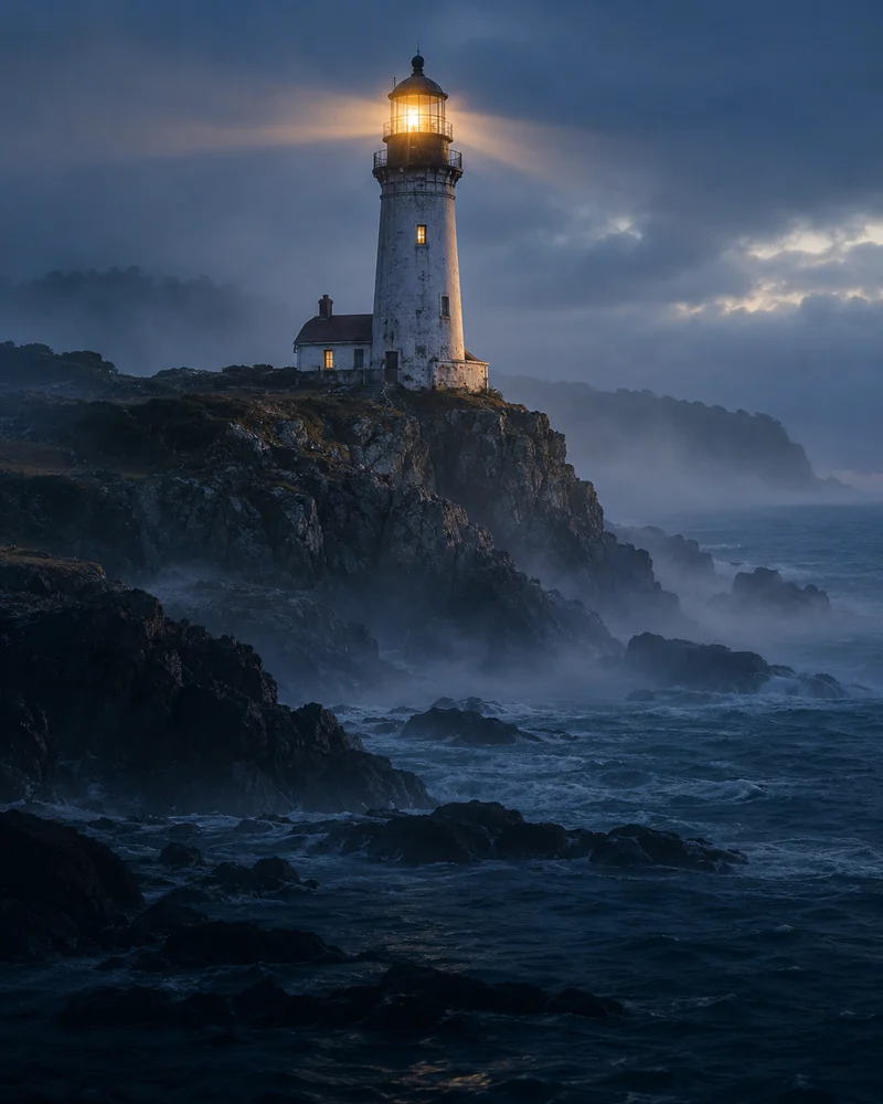 Farol iluminando a costa em meio à névoa